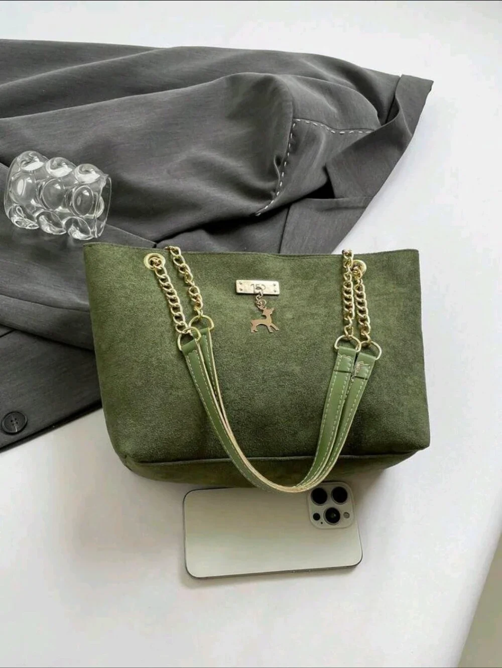Fashionable Plaid Chain Embroidery Versatile Dual Handle Tote Shoulder Bag For